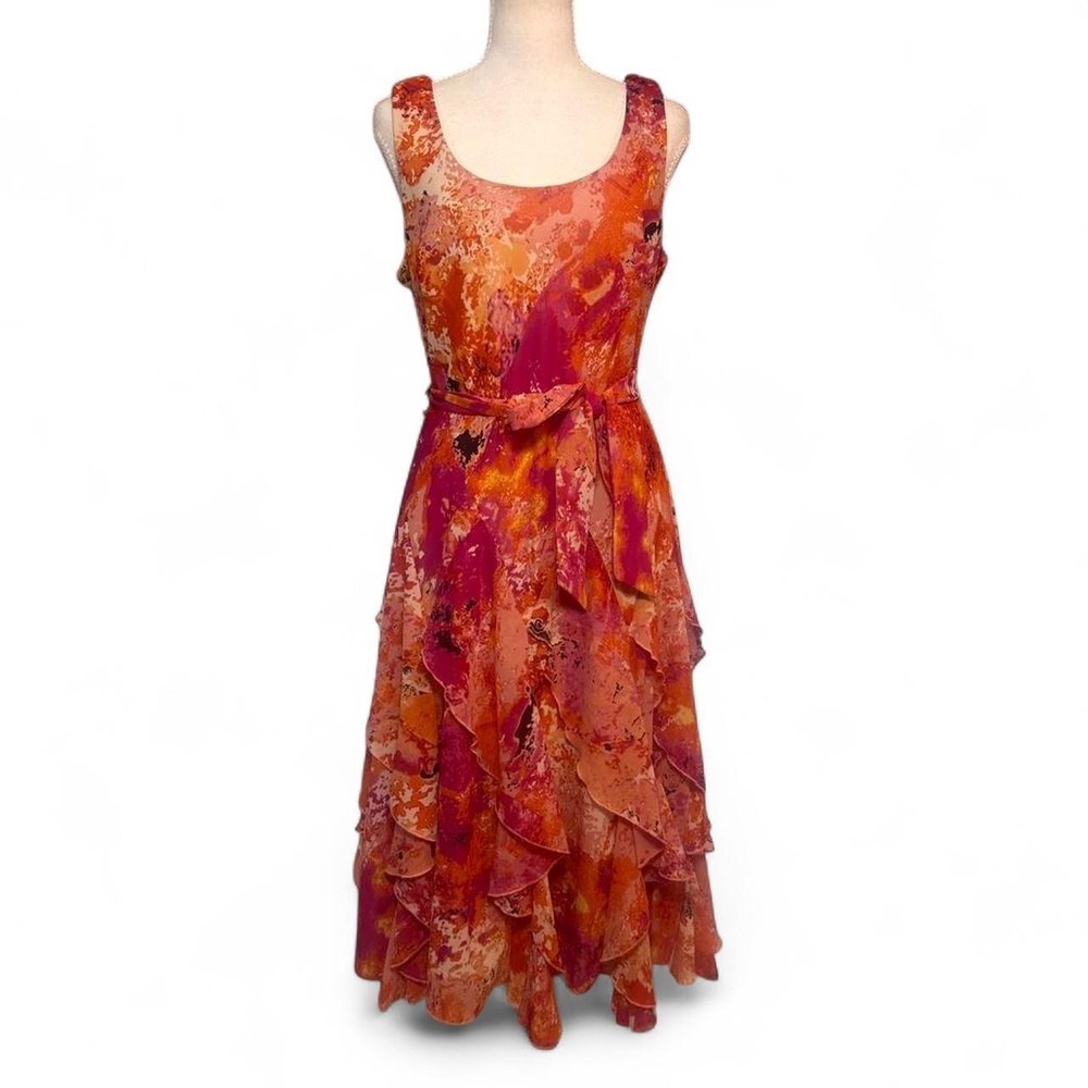 Women's Orange-Pink Tiered Ruffle Dress